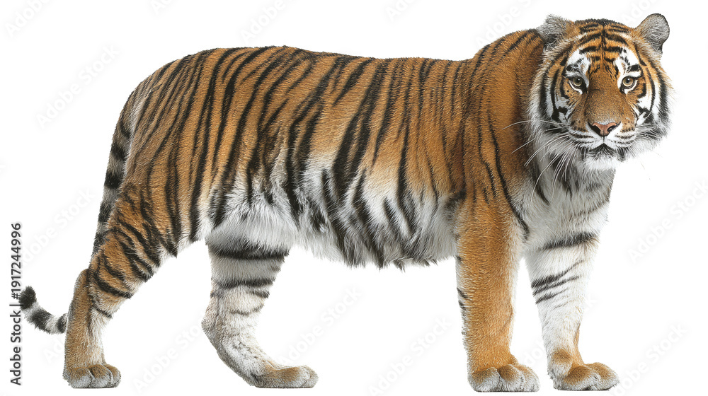 Fototapeta premium East Asian tiger, powerful pose, isolated on a white background