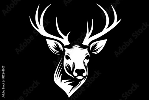 High contrast monochrome stag head illustration, sharp antlers, clean vector design, flat style