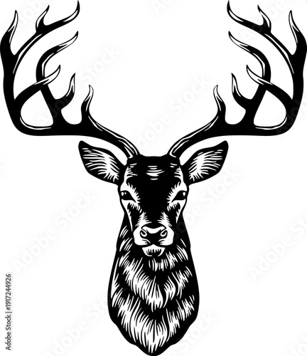 High contrast monochrome stag head illustration, sharp antlers, clean vector design, flat style
