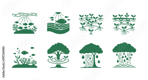 Illustrations of various types of trees and their ecological benefits in a natural setting
