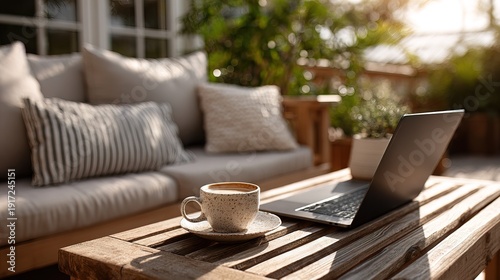 Warm Outdoor Laptop Setup with Coffee Cup on Wooden Table Scene