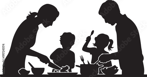 Family cooking together in silhouette parents children