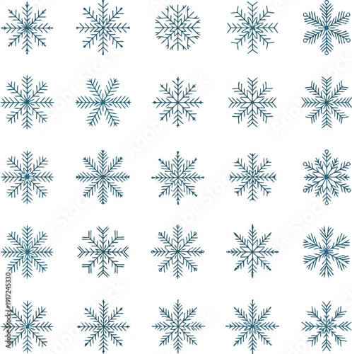 Collection of twenty five intricate snowflake icons geometric winter cold frosty nature patterns isolated vector