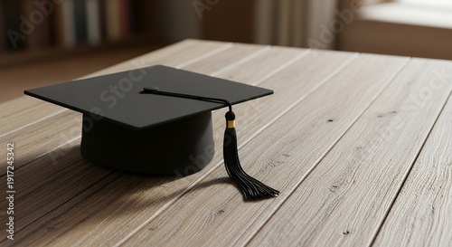 Graduation cap on wooden table with empty space for text or design