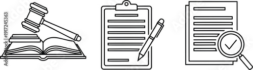 Law justice legal documents contract research and court gavel icons set vector vector
