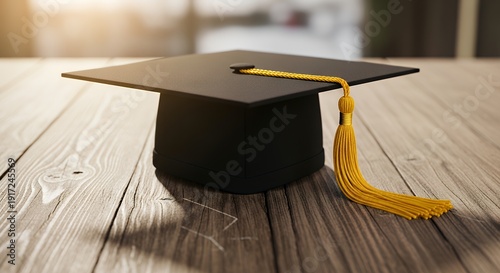 Graduation cap with tassel on wooden surface symbolizing achievement and celebration