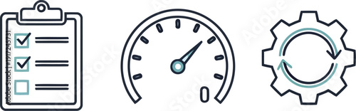 Checklist speedometer gear icons representing performance efficiency productivity business process optimization vector