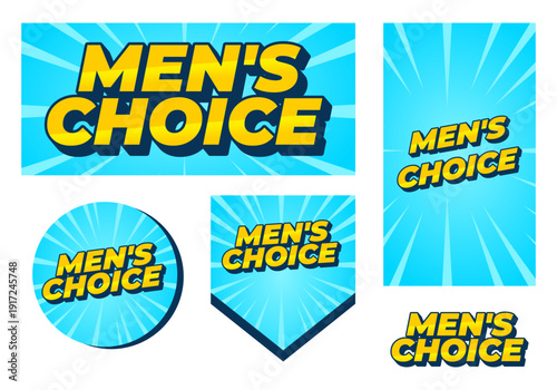 Bright blue promotional set with bold yellow 3d text mens choice on various badge shapes, radial sunburst background, comic style retro pop art design
