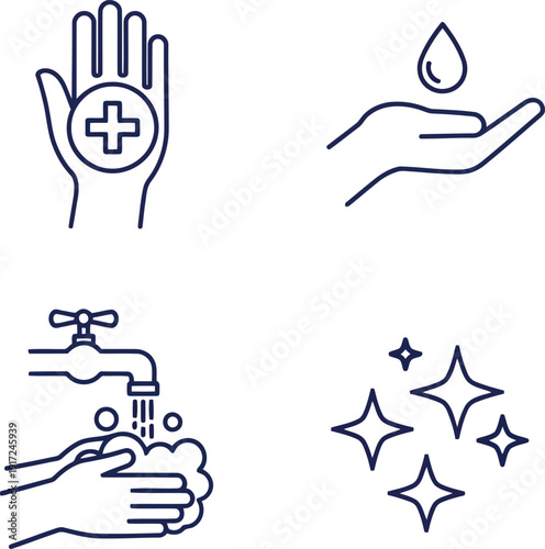 Hygiene hand wash icons sanitizing clean water medical cross sparkling clean concept line art set vector