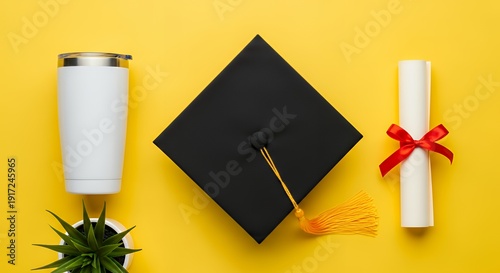 Professional graduation flat lay background on yellow with graduation cap rolled diploma tumblr and plant