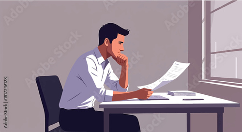 Concentrated businessman deeply immersed in reviewing critical documents at his office desk, engaged in thoughtful analysis and strategic decision-making for future projects