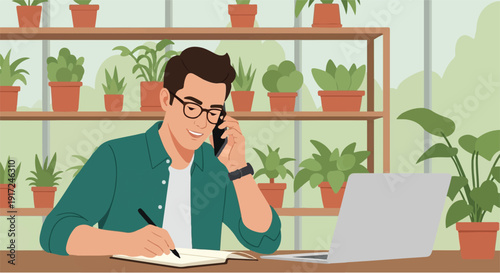 Man working on laptop and taking notes while talking on the phone in a room filled with plants