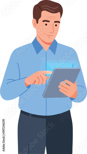 Professional man in a blue shirt actively engages with a digital tablet, demonstrating modern mobile technology usage for business and communication in a dynamic setting