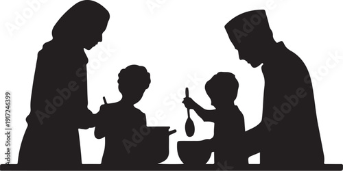 Family Cooking Together Silhouette parents children