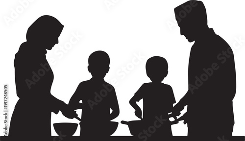 Family Cooking Together Silhouette parents children