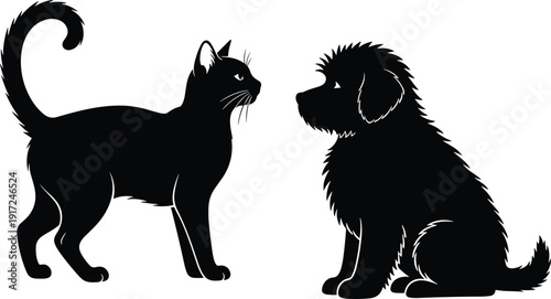 Black cat and dog silhouettes facing each other animal