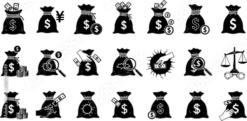 Money Bag Icons Set: Hand Drawn Style, Currency Symbols, Investment Theme