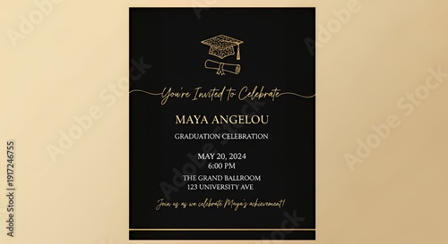 Black and Gold Graduation Invitation Card with Minimalist Design and Elegant Details