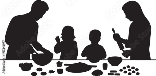 Family cooking together with various ingredients on table