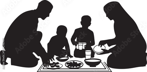 Family of four eating meal together at table bowls