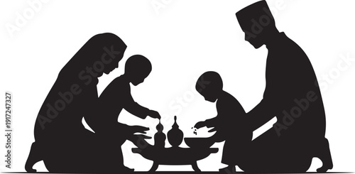 Family silhouette eating together at a table food