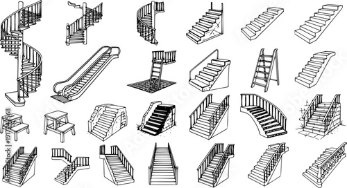 Collection of hand-drawn sketch illustrations showing various types of stairs, spiral staircases, escalators, and ladders in black and white line art.