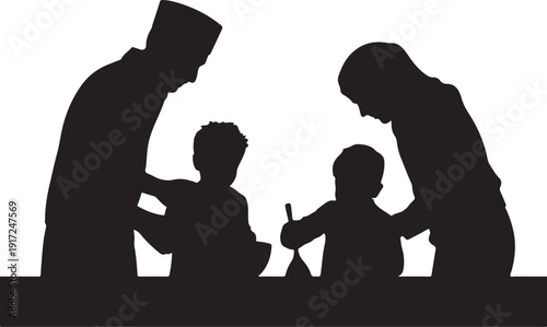 Family Silhouette with Children at Table parents