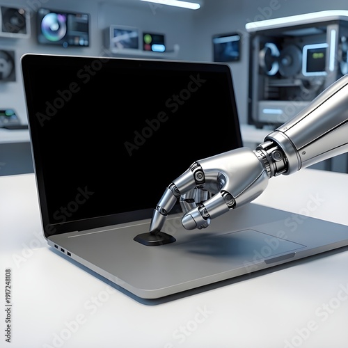 3D Robotic Hand Turning On Laptop - Futuristic Technology Illustration with Machines in Background, Hyper-Realistic Render