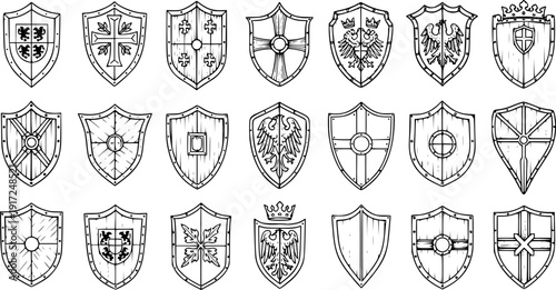 Collection of Medieval Shields Illustrations: Vintage Knight Heraldry Designs