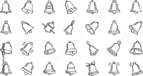 Hand-drawn doodle bell icons set. Collection of various outline Christmas bells, ringing, and notification symbols in a sketchy style.