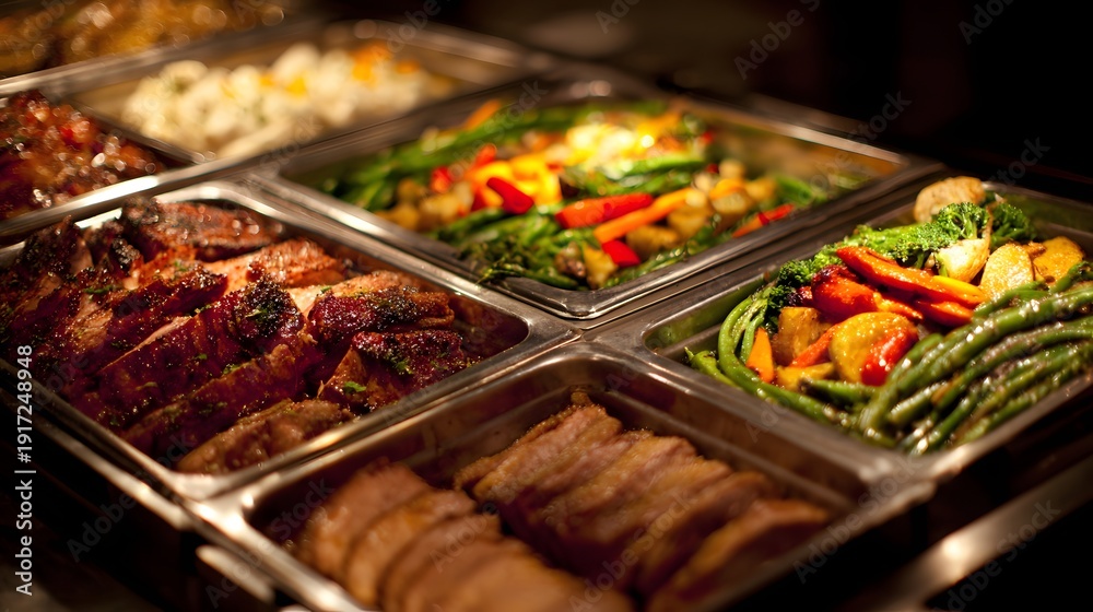 Obraz premium A close-up view of a buffet spread with various dishes, including meat, vegetables, and other cooked items, presented in metal serving trays.