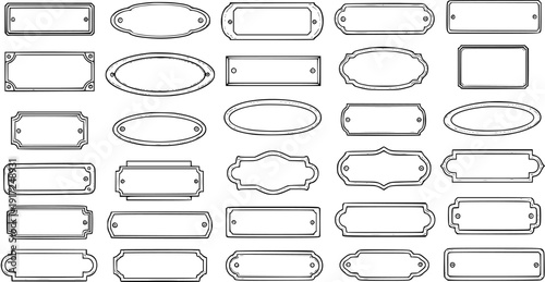 Set of Vintage Ornate Blank Labels, Plaques  Frames. Elegant Outline Design Elements for Badges, Nameplates, and Decorative Signs. Black  White Vector Collection.