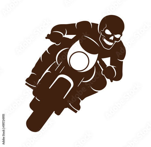 A brown illustration of a skeleton riding a motorcycle  speeding  action  sports