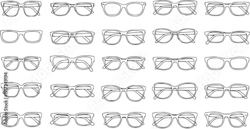 Seamless pattern of hand-drawn outlines featuring various types of eyeglasses and spectacle frames in monochrome doodle style.