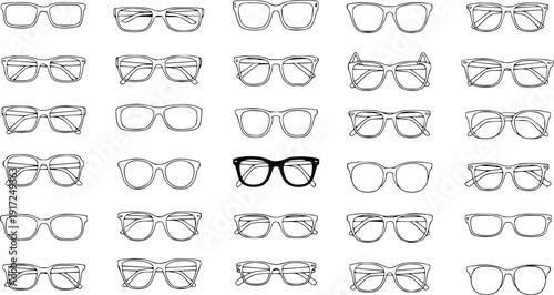 Seamless Pattern of Hand-Drawn Eyeglasses and Spectacles. Doodle Sketch Outline Glasses in Various Shapes and Styles for Fashion, Vision, or Optician Background.