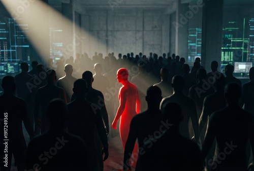 Vibrant red silhouette illuminated by spotlight in crowd of black figures