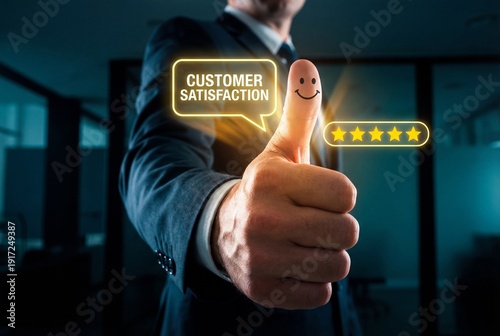 Businessman showing thumbs up with smiley face and five stars for customer satisfaction concept