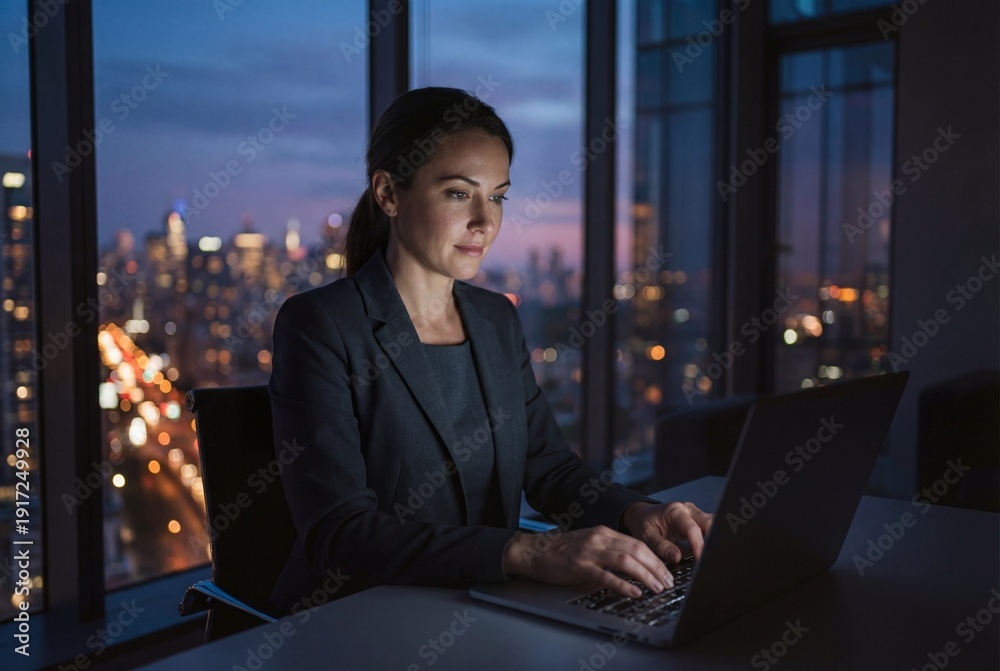 Fototapeta premium A dedicated businesswoman in a suit works late on a laptop in a high rise office at night