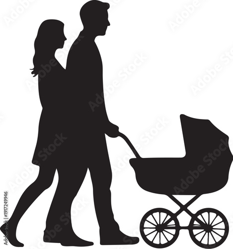 Silhouette of couple pushing baby stroller woman