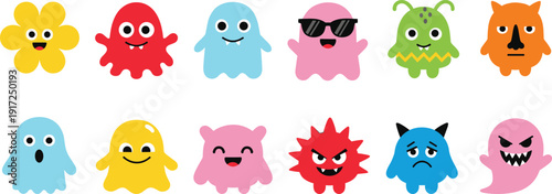 Cute colorful cartoon monster characters set, funny ghost and alien mascots collection isolated on light background vector illustration flat design