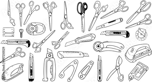 Craft Tools Illustration: A Line Art Collection of Scissors, Cutters  More