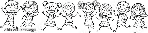 Happy cartoon children doodle set, cute kids running and jumping black and white vector illustration isolated