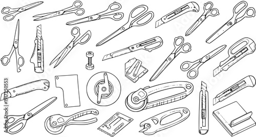 Hand-drawn seamless pattern of various cutting tools including scissors, utility knives, and craft cutters, rendered in black and white line art style.