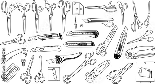 Hand-drawn outline collection of various cutting tools including scissors, utility knives, and rotary cutters for craft, office, and sewing projects.