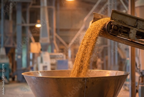 Industrial conveyor belt pouring golden grains into a large metal hopper inside a factory