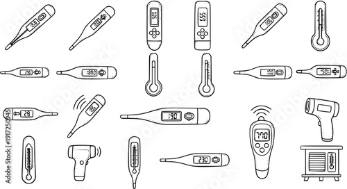 Outline Vector Icons Set of Various Medical Thermometers for Health Temperature Measurement. Includes Digital, Infrared, and Traditional Mercury Types.