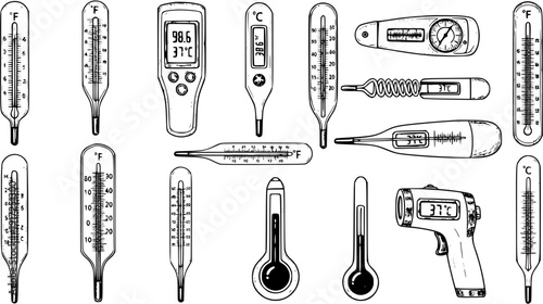 Hand-drawn collection of various thermometer types: traditional mercury, modern digital, infrared gun, and bimetallic designs, essential for temperature measurement.