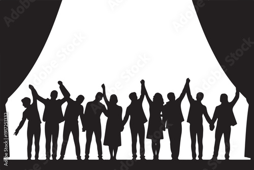 Silhouette of diverse people holding hands and raising fists in unity