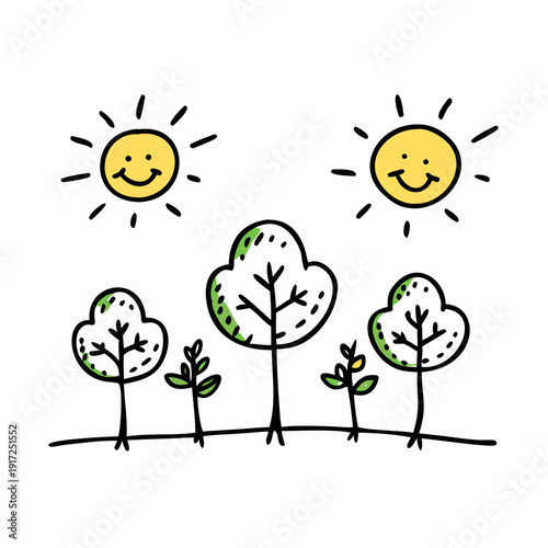 Hand drawn illustration of a row of trees, with a smiling sun shining on two trees, signifying positivity and happiness.
