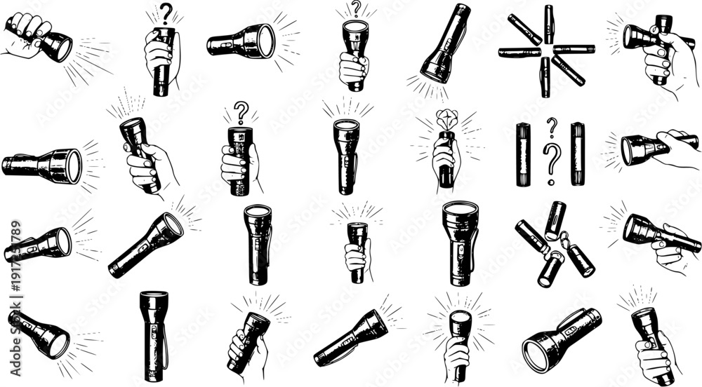 Fototapeta premium Flashlights: Hand-Drawn Vector Collection of Torches and Accessories